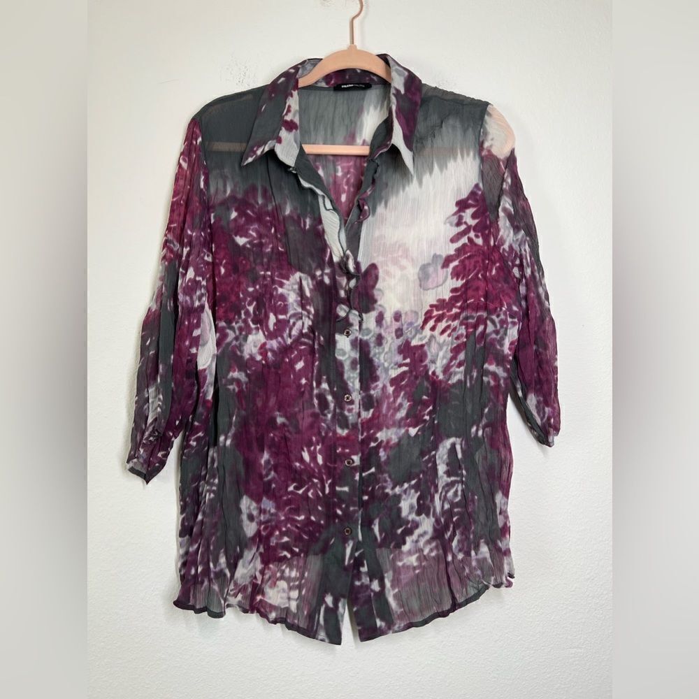 Frank Walder Shifon Floral Print Blouse Tunic Button up size XL